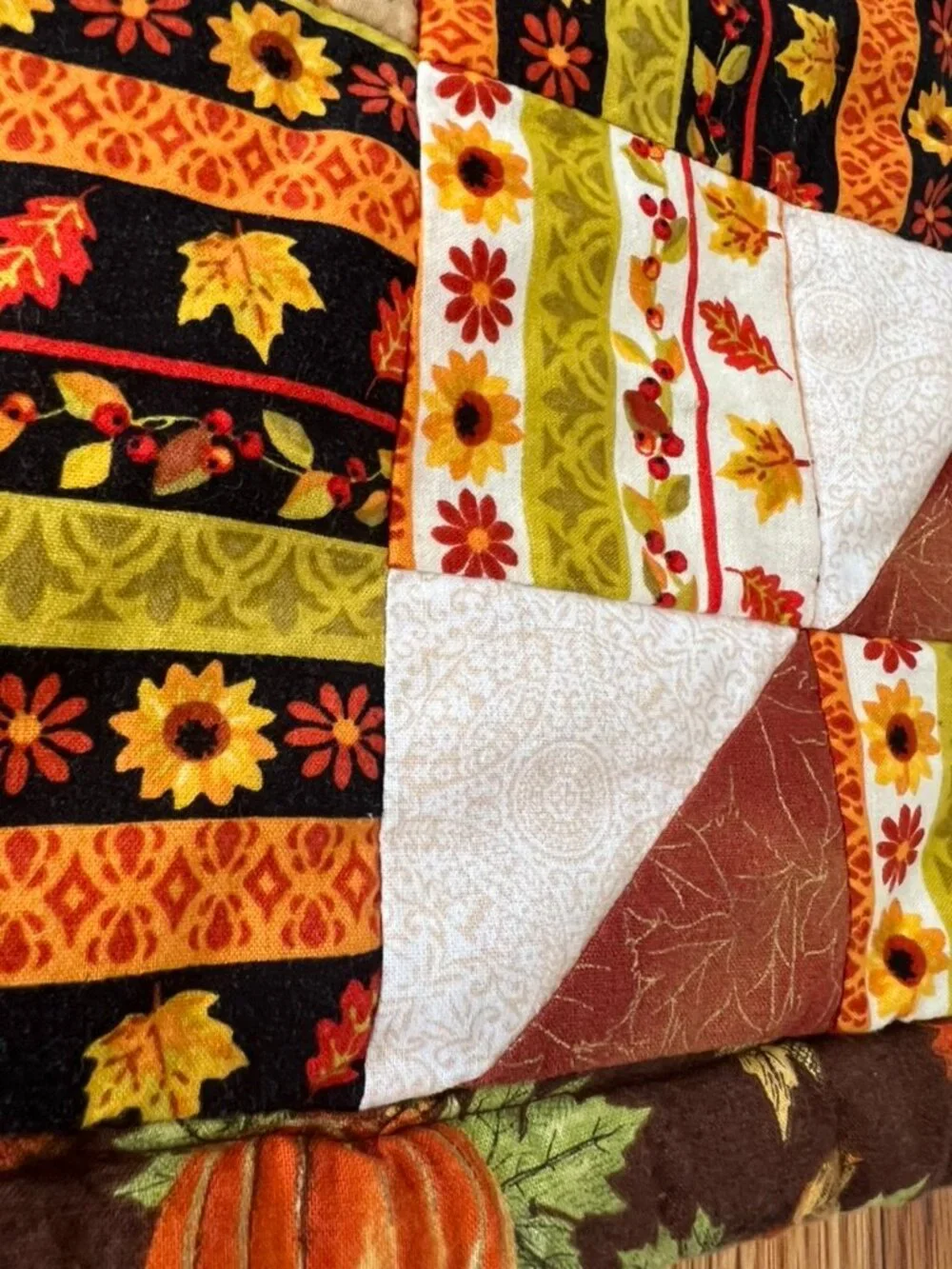 Handmade Fall Patchwork Quilt 64x64 Pumpkin Sunflower Autumn Throw